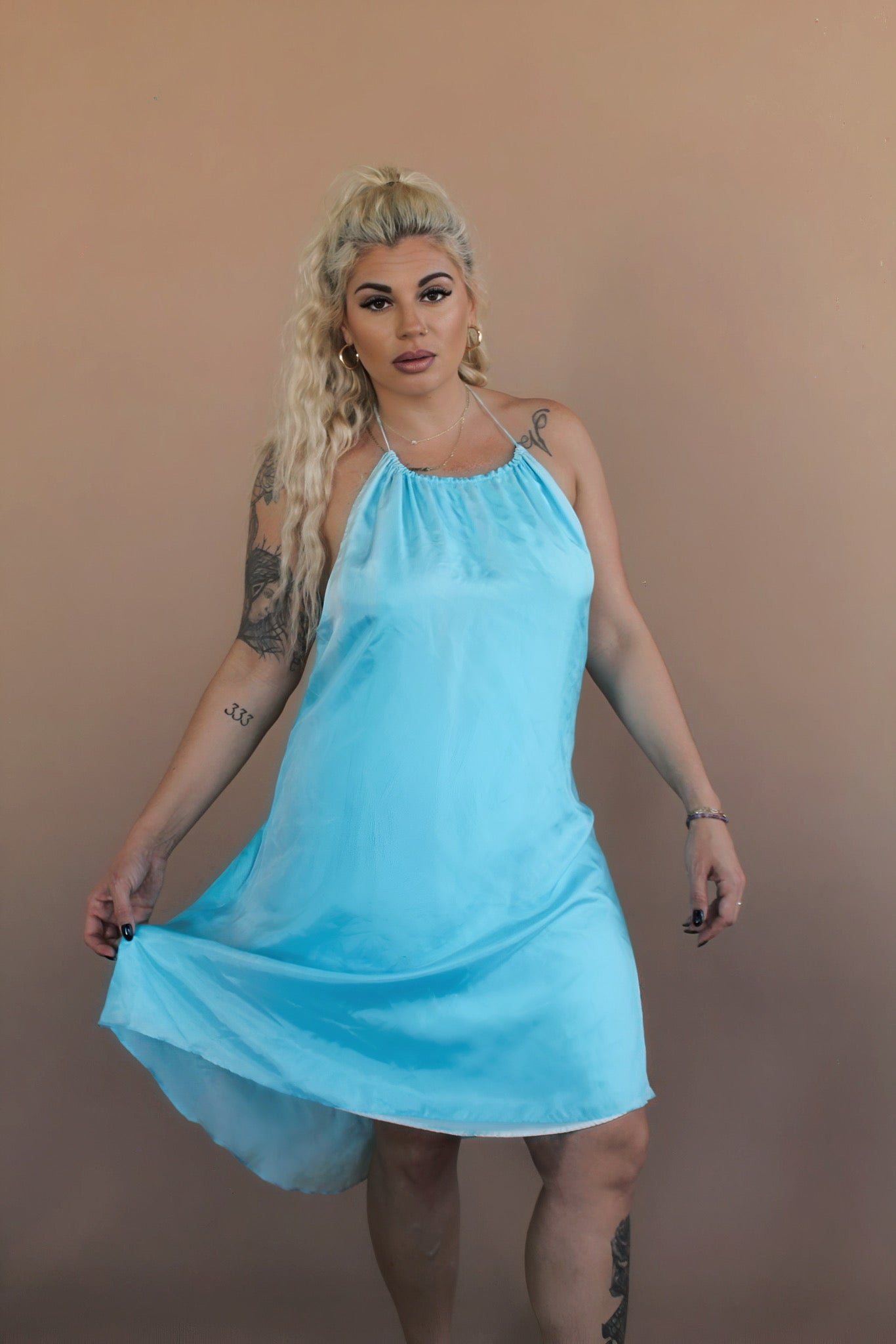 SKY BLUE BACKLESS SILK DRESS