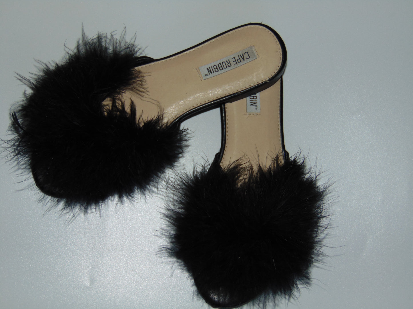 BLACK FEATHER TRIM SANDALS