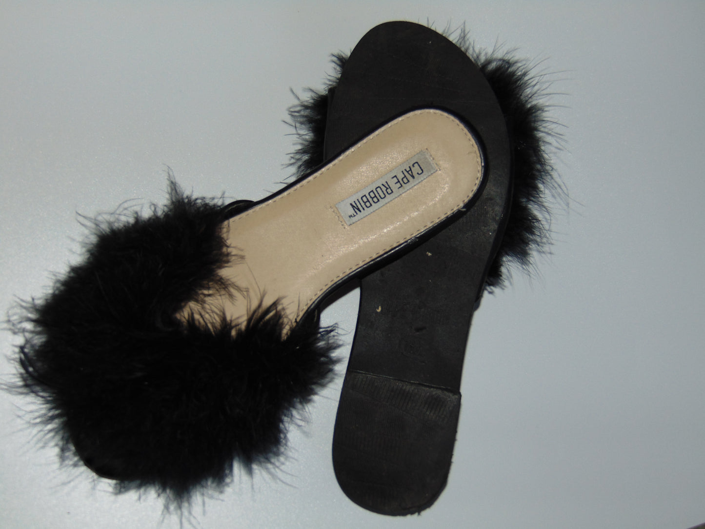 BLACK FEATHER TRIM SANDALS