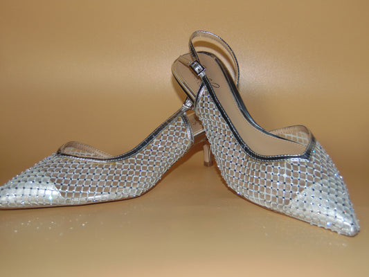 JEWEL BADGLEY MISCHKA CRYSTAL EMBELLESHED MESH HEELS