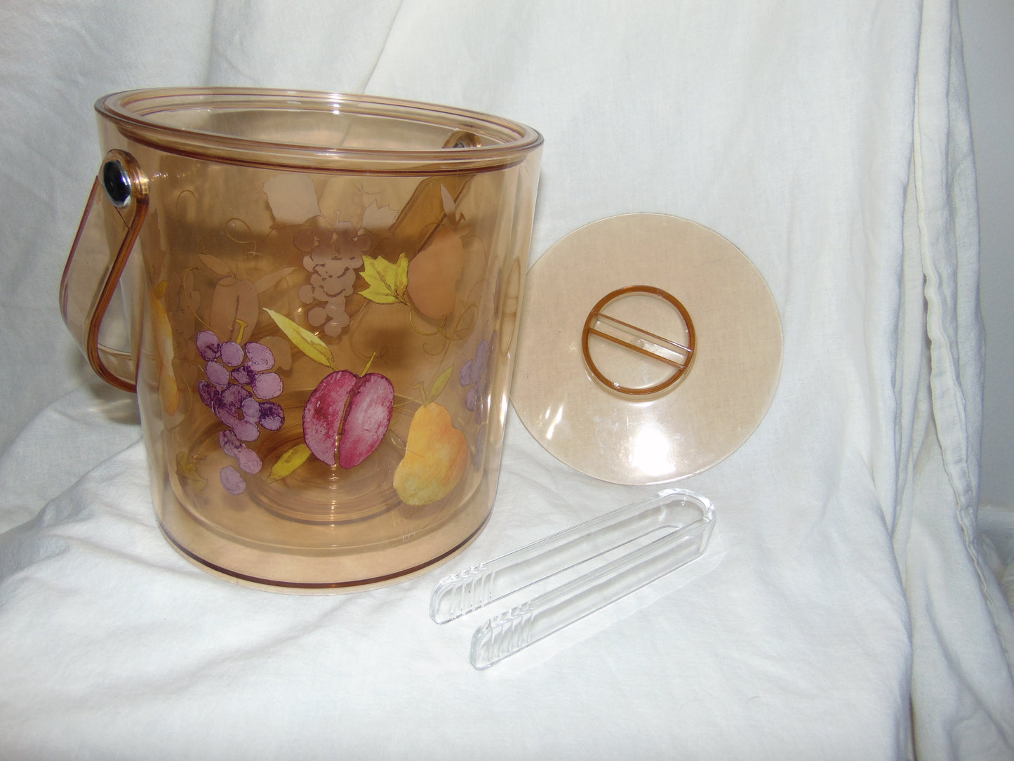VINTAGE LUCITE ACRYLIC ICE BUCKET WITH FRUIT DESIGN