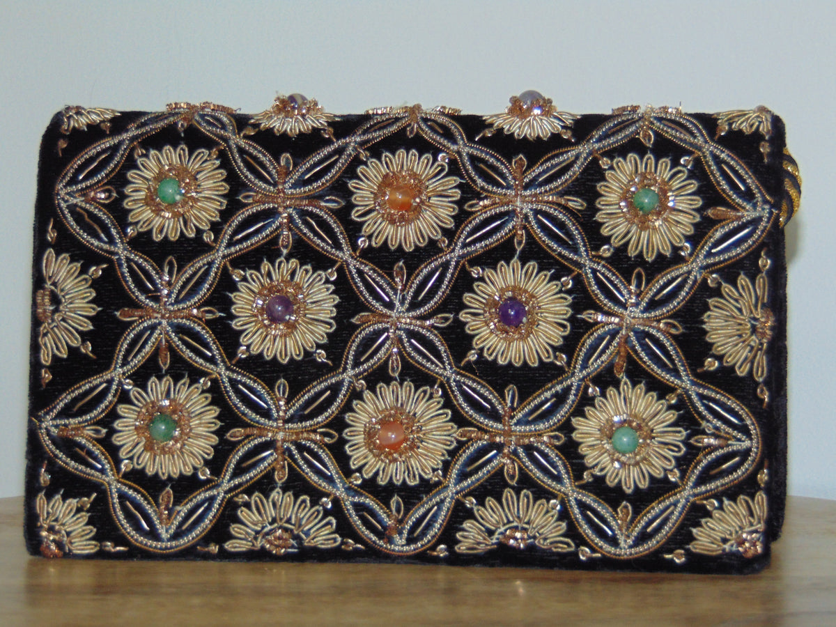 Vintage Stone Embellished Velvet Evening Clutch