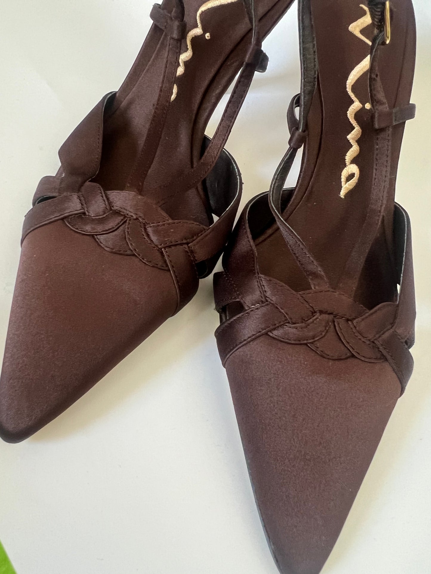 GOLD BOTTOM, BROWN SATIN KITTEN HEELS