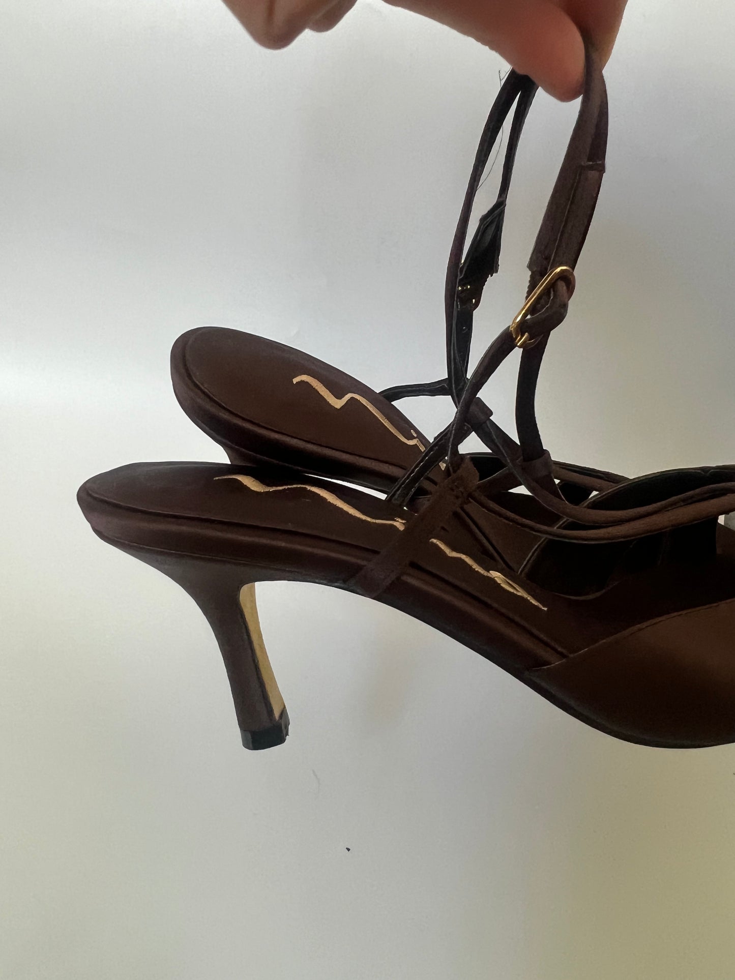 GOLD BOTTOM, BROWN SATIN KITTEN HEELS