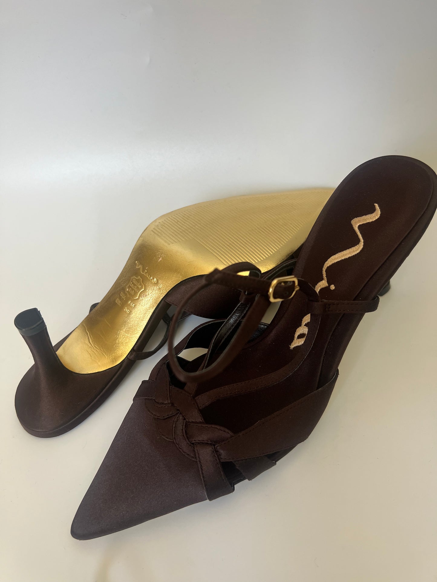 GOLD BOTTOM, BROWN SATIN KITTEN HEELS