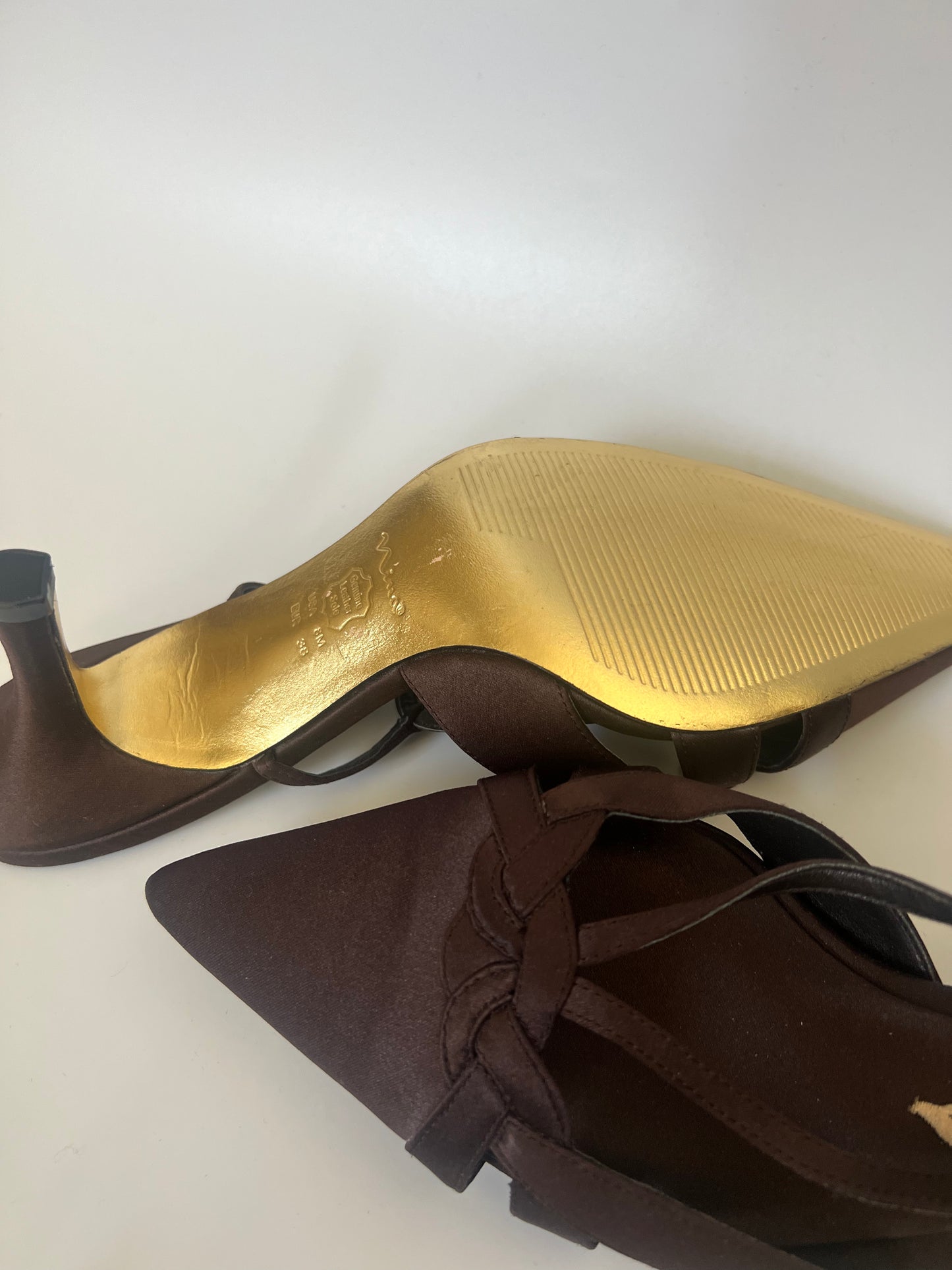 GOLD BOTTOM, BROWN SATIN KITTEN HEELS