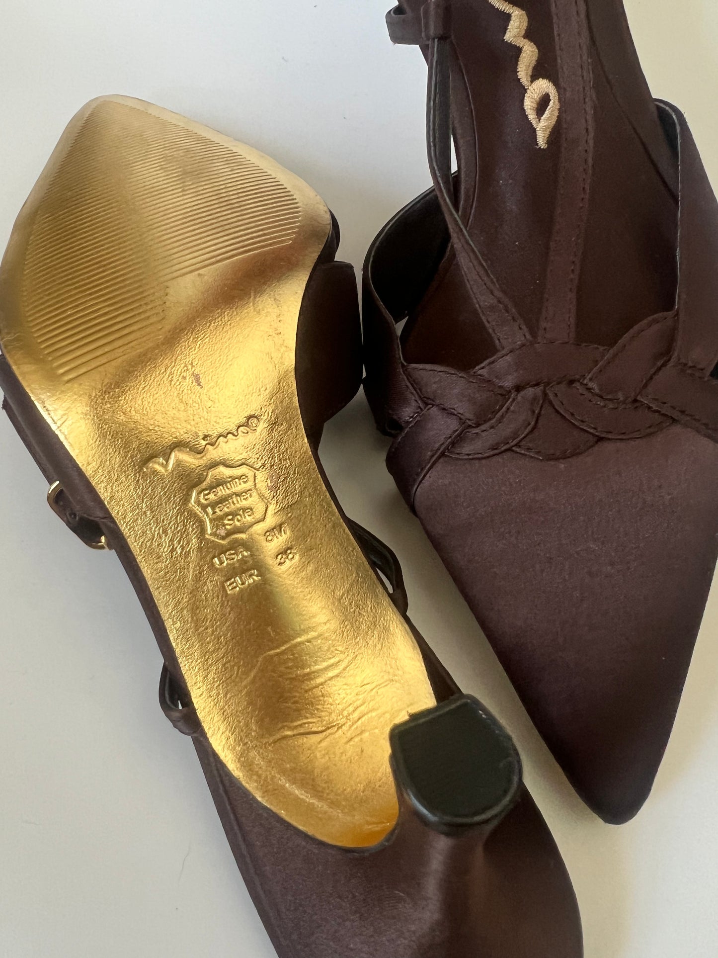 GOLD BOTTOM, BROWN SATIN KITTEN HEELS