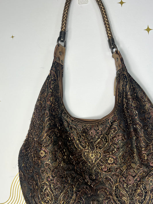 80'S TIANNI VINTAGE PAISLEY PRINT SHOULDER BAG WITH BUGLE BEADS