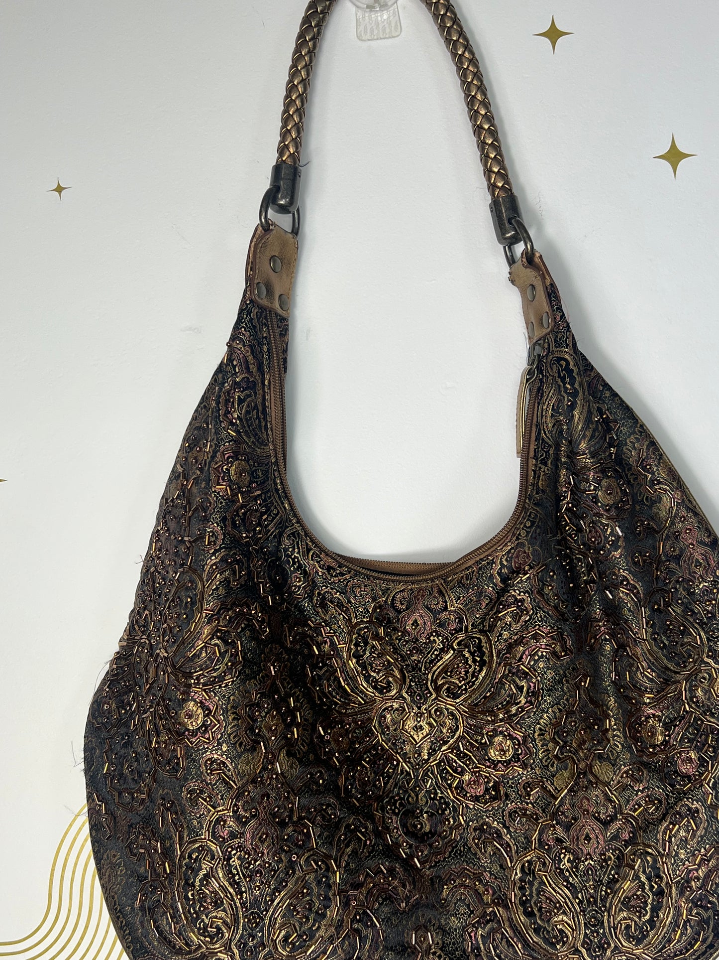 80'S TIANNI VINTAGE PAISLEY PRINT SHOULDER BAG WITH BUGLE BEADS