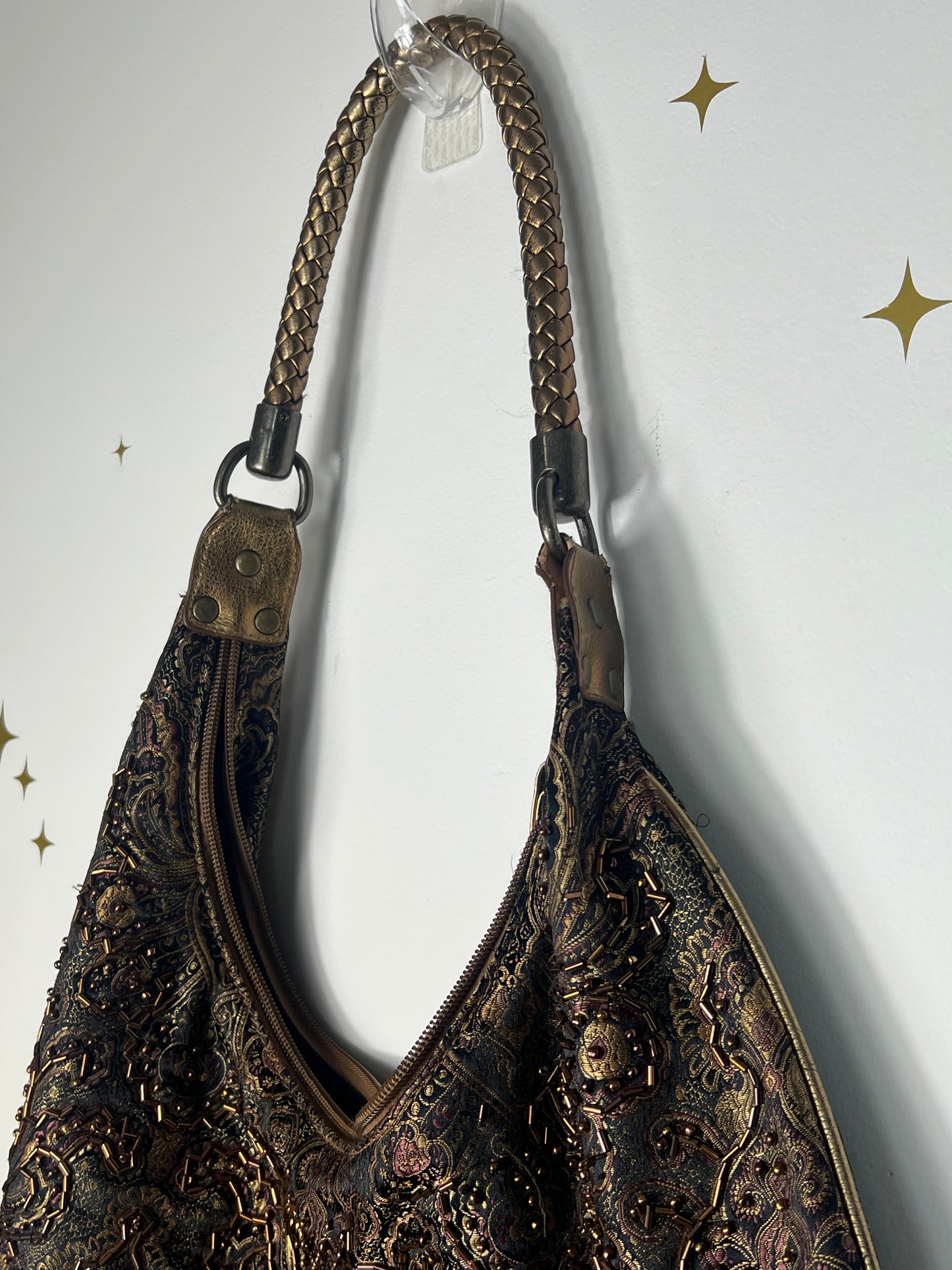 80'S TIANNI VINTAGE PAISLEY PRINT SHOULDER BAG WITH BUGLE BEADS