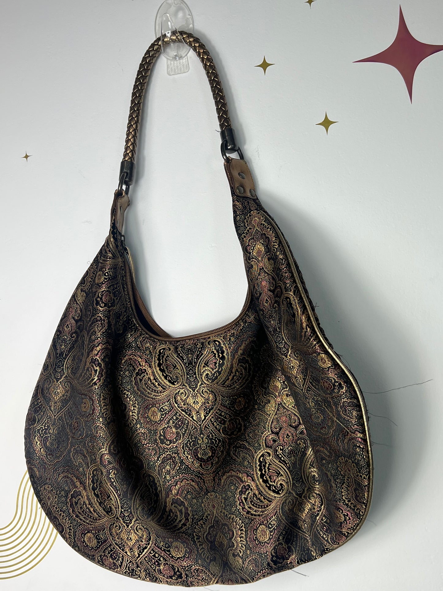 80'S TIANNI VINTAGE PAISLEY PRINT SHOULDER BAG WITH BUGLE BEADS