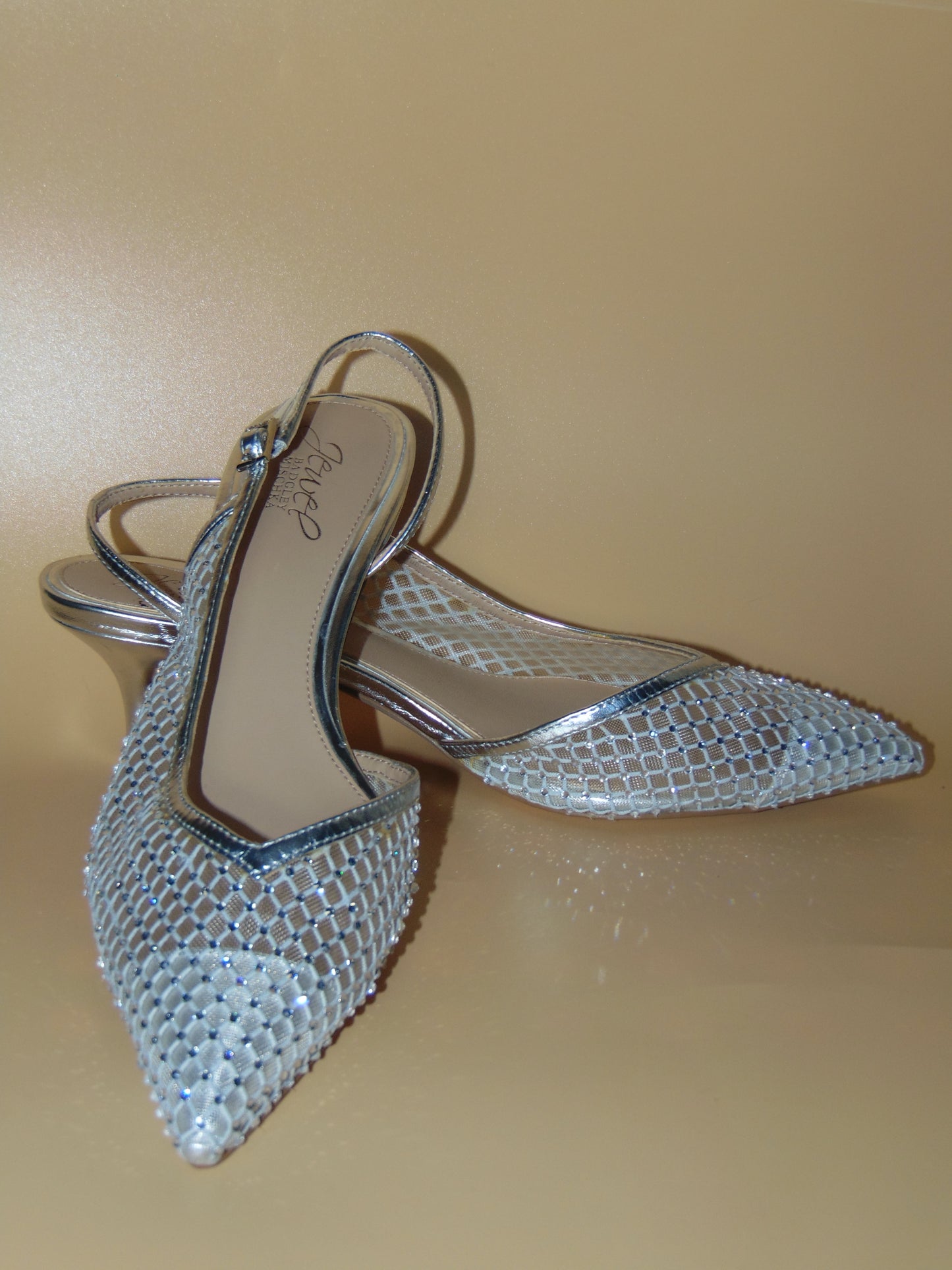 JEWEL BADGLEY MISCHKA CRYSTAL EMBELLESHED MESH HEELS