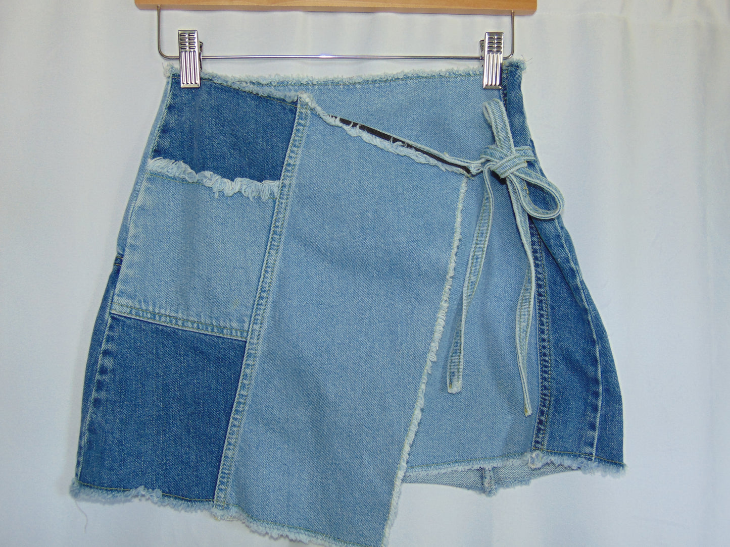 ASYMMETRICAL DENIM PATCHWORK MINI SKIRT
