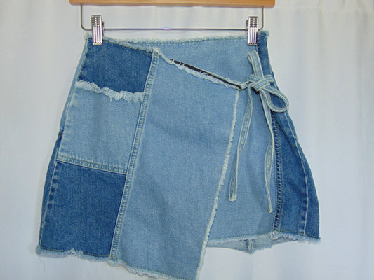 DENIM PATCHWORK MINI WRAP SKIRT