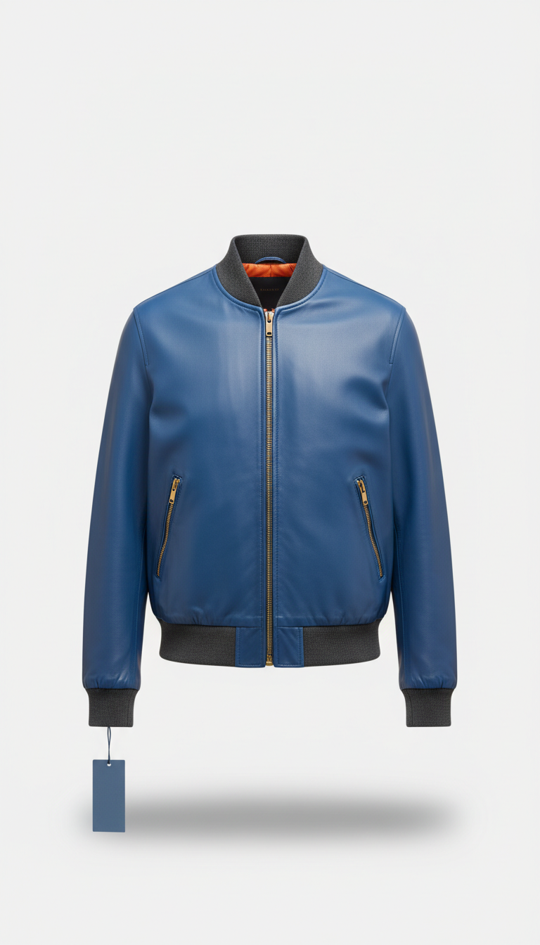 Electric Blue Leather Bomber Jacket