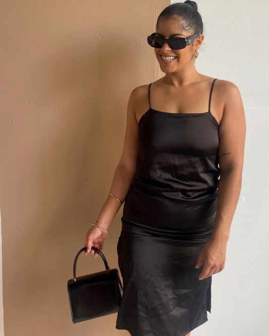 BLACK BACKTIE SLIP DRESS