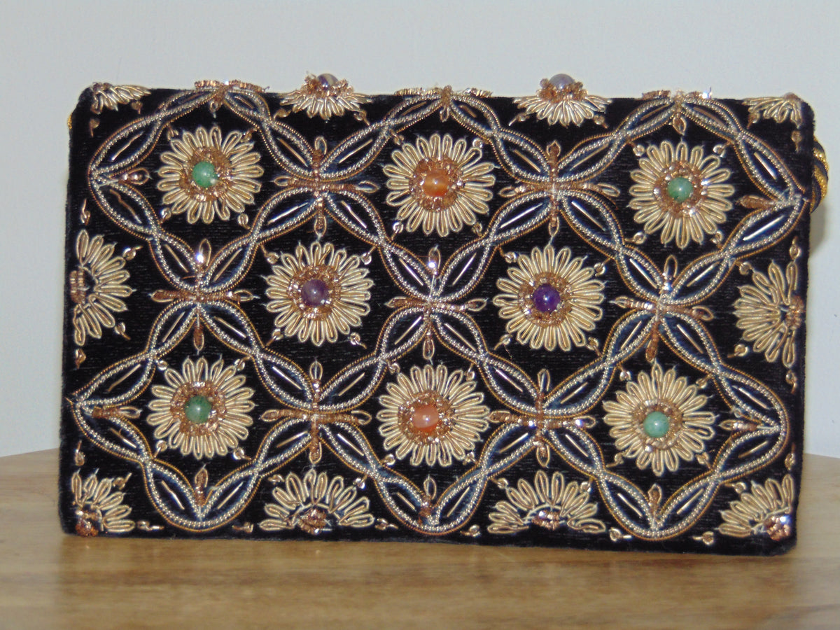 Vintage Stone Embellished Velvet Evening Clutch