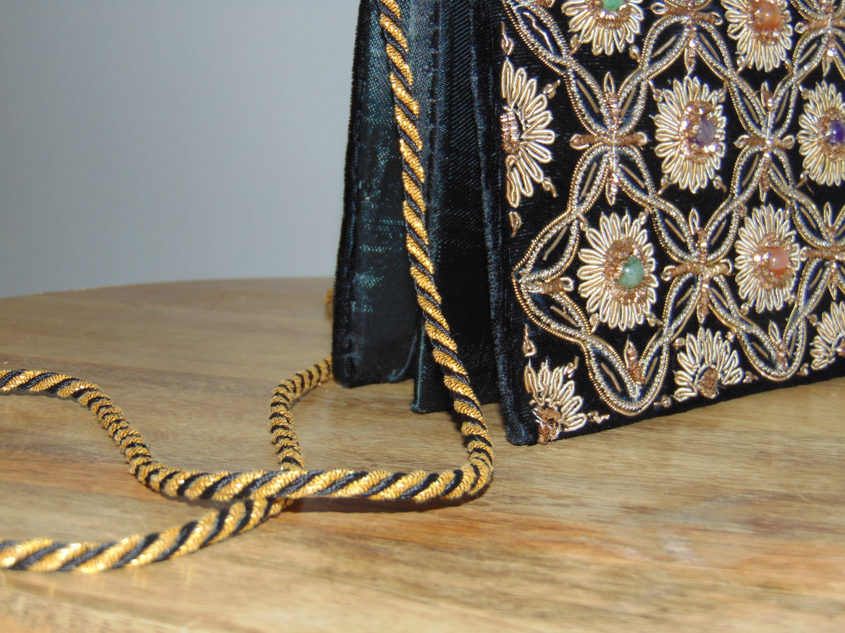 Vintage Stone Embellished Velvet Evening Clutch