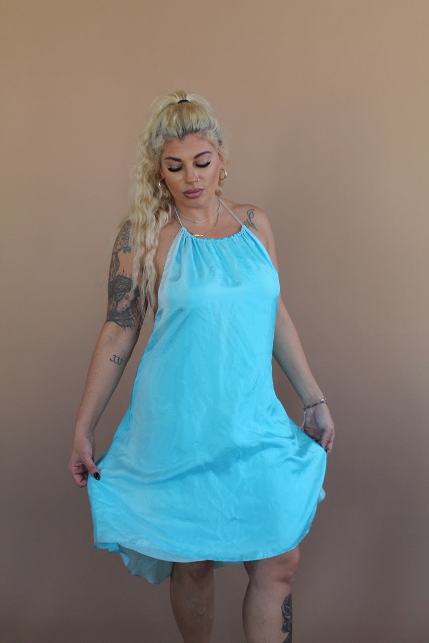 SKY BLUE BACKLESS SILK DRESS