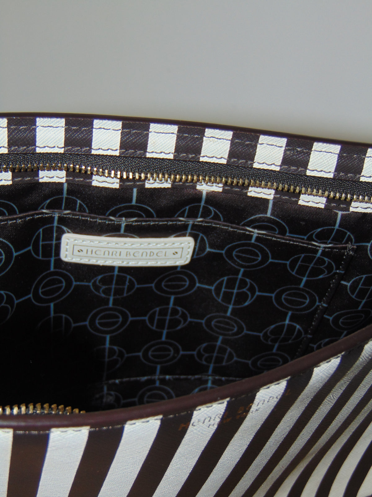 EXTREMELY RARE, ICONIC HENRI BENDEL CENTENNIA STRIPE WEST 57TH COSMETIC CLUTCH