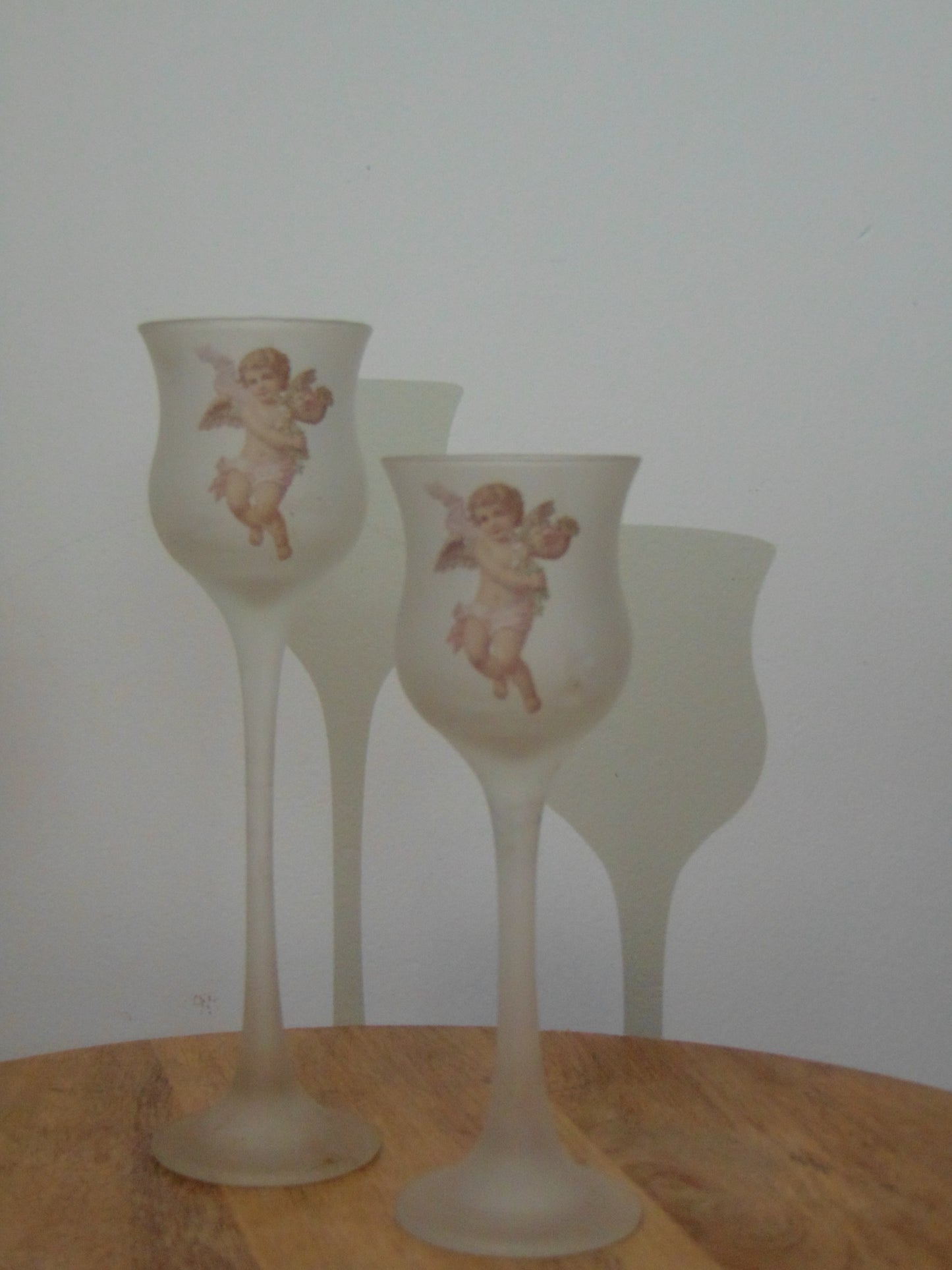 L.E. Smith Frosted Glass Cherub Stemmed Candle Holders
