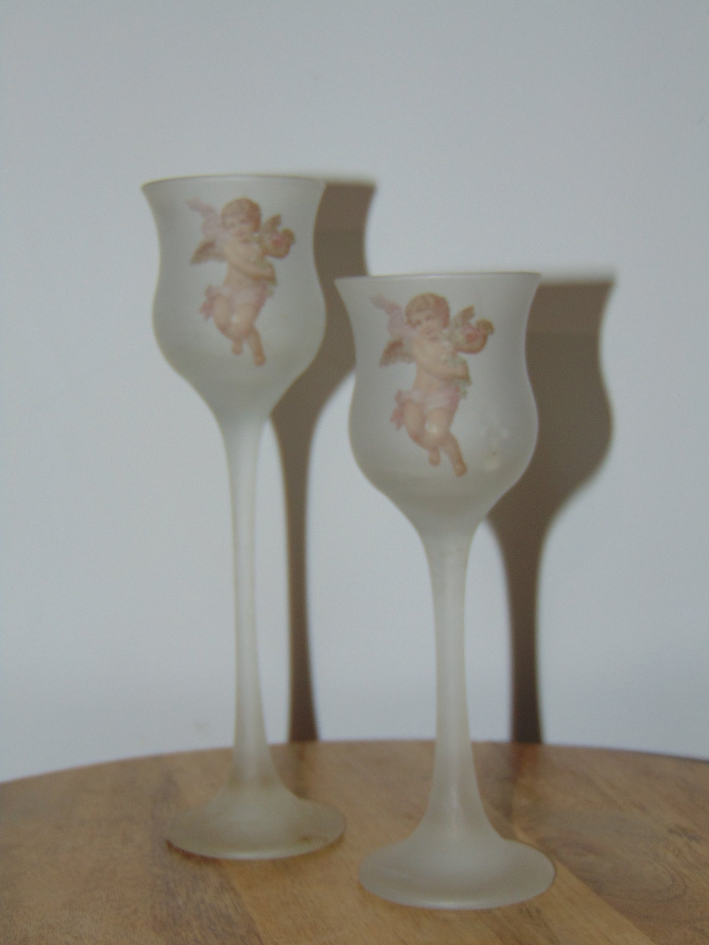 L.E. Smith Frosted Glass Cherub Stemmed Candle Holders