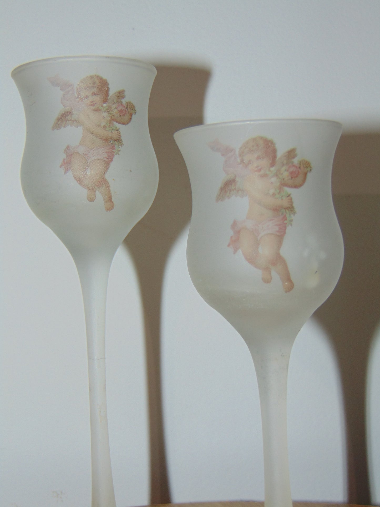L.E. Smith Frosted Glass Cherub Stemmed Candle Holders