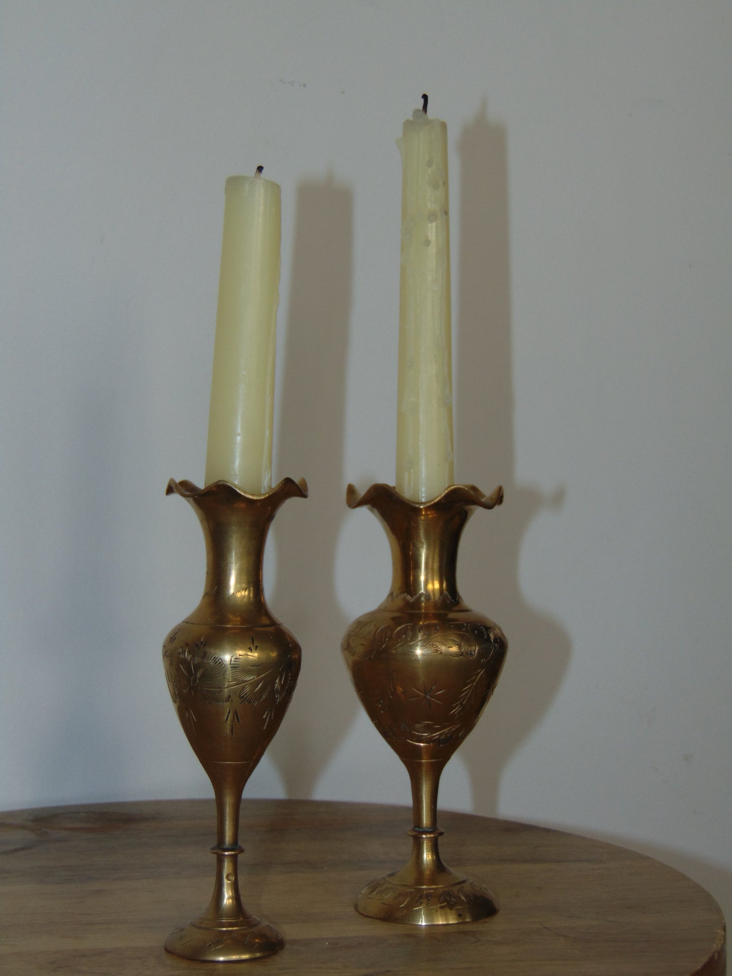 1960's Vintage Engraved Brass Fluted Vases - Set of 2