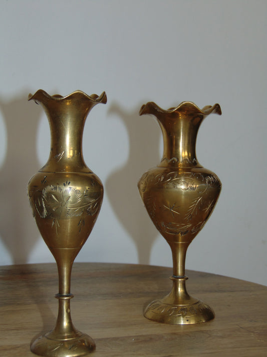 1960's Vintage Engraved Brass Fluted Vases - Set of 2