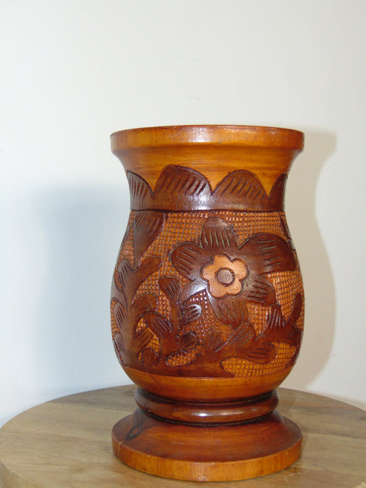 Hand-Carved, Mahogany Wood Vase